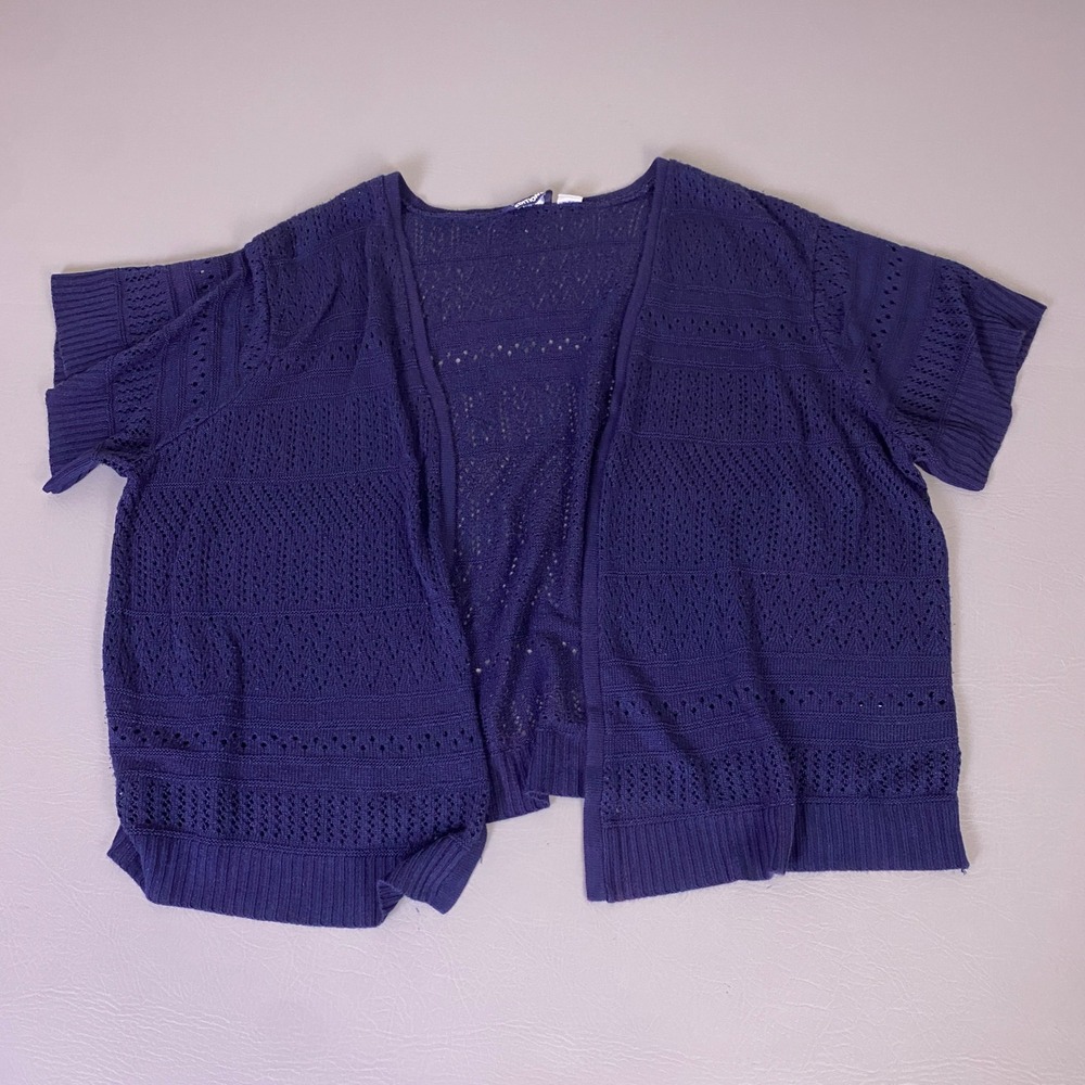 Basic Editions Cardigan Women's 2X Purple Pointelle Knit Open Front Short Sleeve